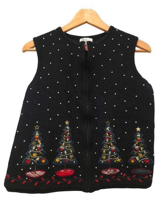 Charter Club Tops - Vintage Charter Club Christmas Tree Scene Wool Zip-Up Black Ugly Xmas Vest M